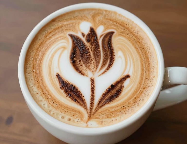 An elegant dessert plate paired with a steaming cup of mocha, set against a coffee brown backdrop.