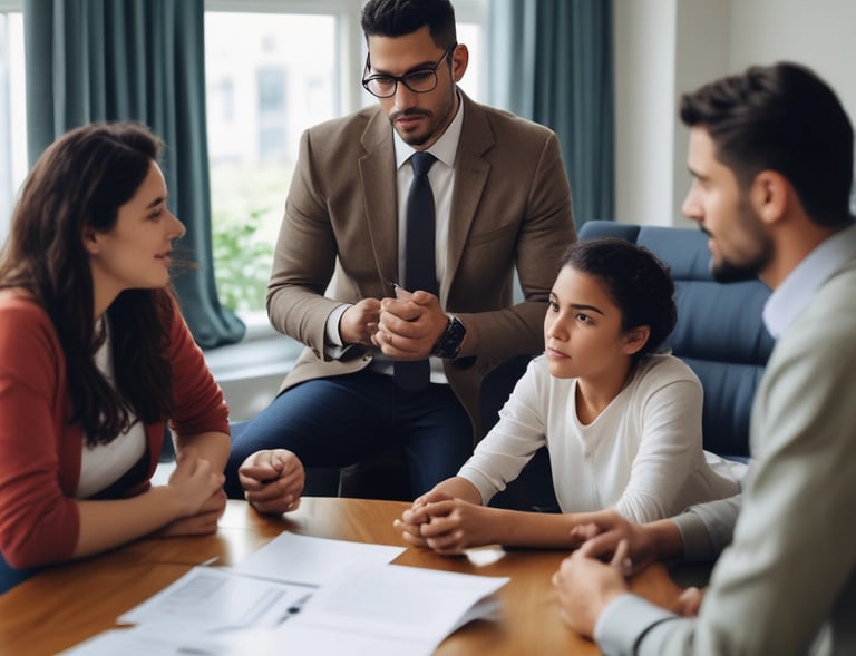 A compassionate volunteer assisting a family with immigration paperwork in a welcoming office space.
