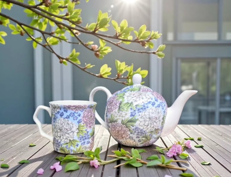 Teapot and Mug with a Floral Pattern
