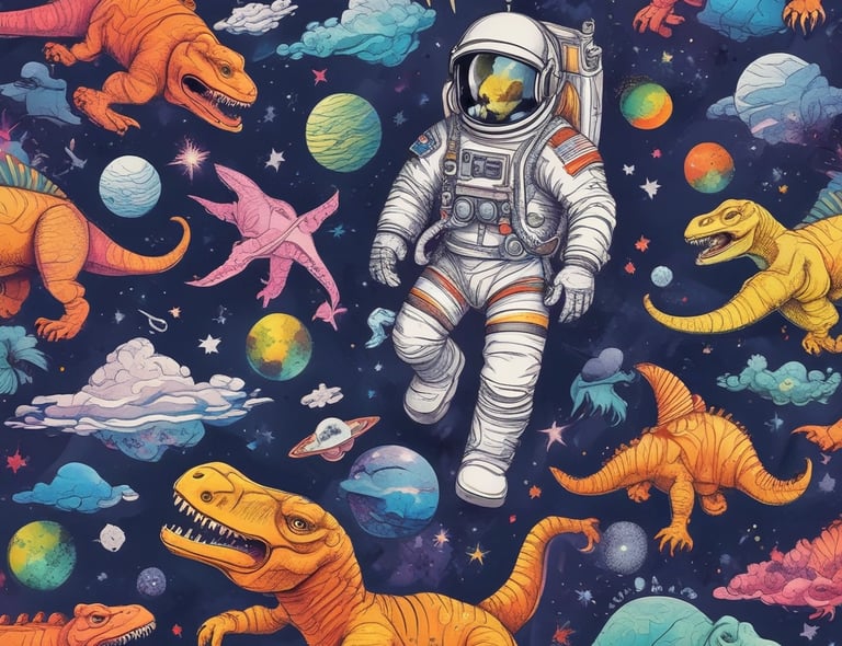 Colorful stretch fabric roll with playful children's and pajamas patterns in purple, white, and blue tones.