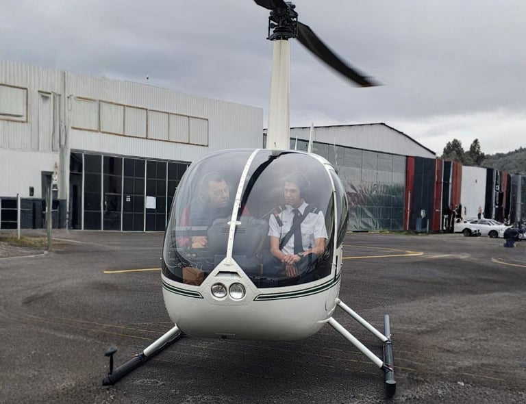 a helicopter with a man in a suit and a woman in a suit