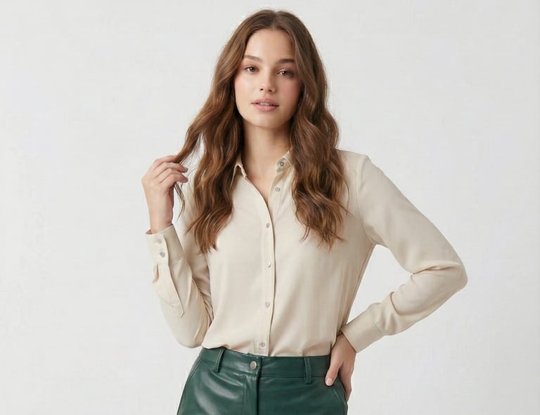 Woman wearing a cream silk button-down blouse and dark green leather pants for a stylish professional outfit.