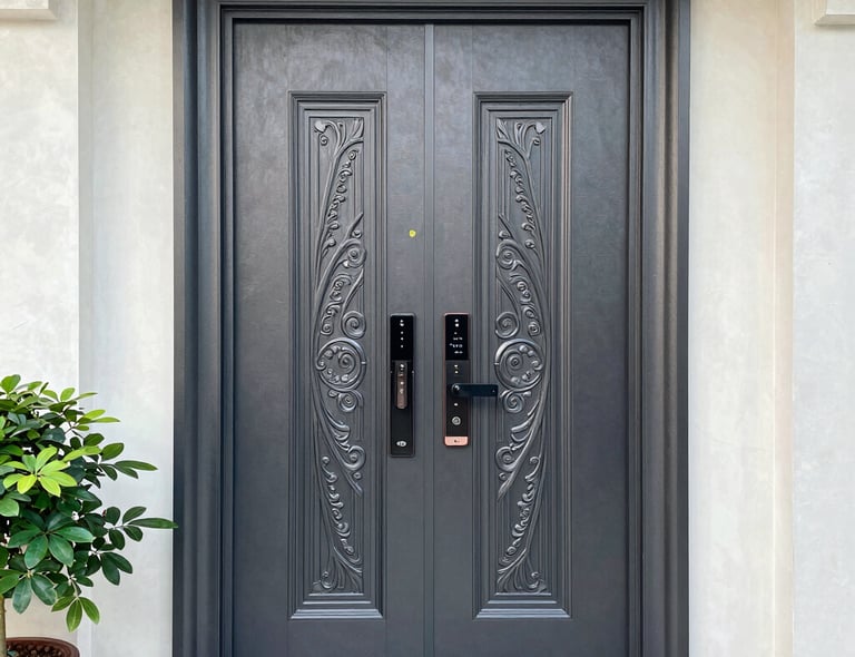 A sleek modern steel door with matte black finish and brushed steel accents, set against a dark luxury backdrop.
