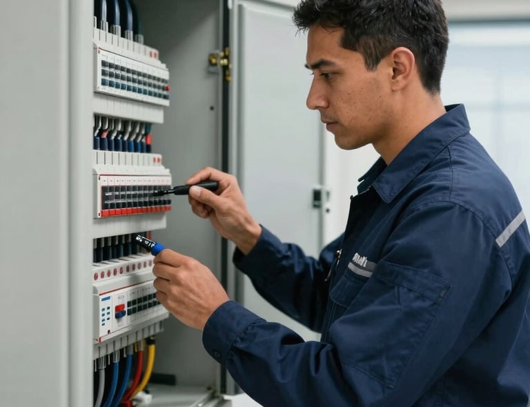 A South American technician in a professional navy blue uniform inspecting an electrical panel in a corporate office building in Colombia, soft daylight, sharp focus on the control panel, modern tools, expert composition.
