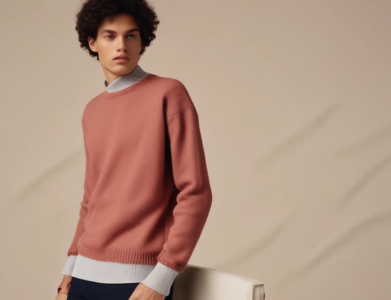 Elegant woman in a fine knit sweater and classic skirt, standing confidently in a softly lit urban setting.