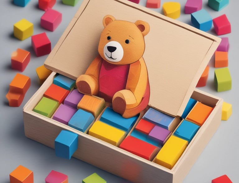 A box of bright colorer blocks with a bear and a bear