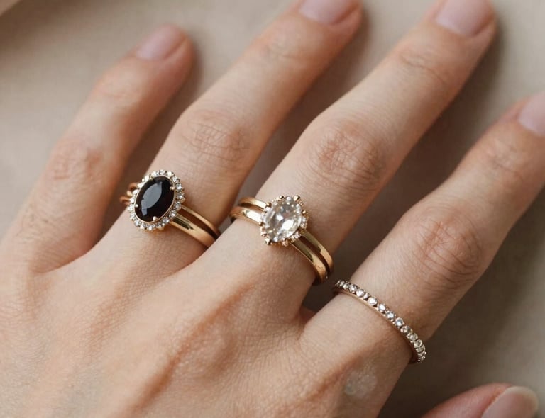Close-up of a delicate gold ring with a sparkling diamond set against a soft beige background.