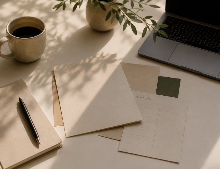 Espacio de trabajo con herramientas de marketing y planificación