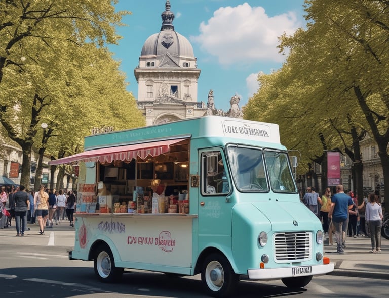 A vibrant red food truck with an eye-catching design, parked on a cobblestone street. The truck displays various food advertisements including burgers and cheese rolls. There are also drink and snack options visible. The truck is adorned with bright signage advertising beverages for 1.50 euros. A menu board on an easel is placed beside the truck, showcasing different food items. Another similar food truck is parked in the background. The scene is set in an outdoor area with a green, leafy tree nearby.
