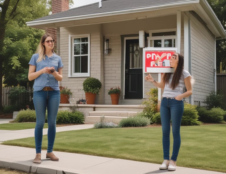 A residential building with a brick facade and beige siding on the upper floors. The ground level features two red garage doors. Parked cars are visible, one in a parking space beside a ramp with black railings. Windows on the upper floor reflect daylight, with one open window displaying hanging plants.