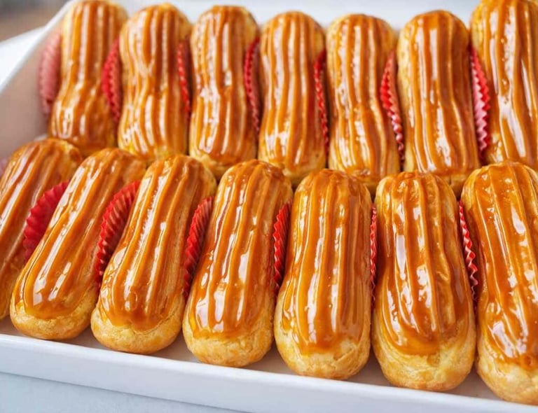 “Una bandeja de éclairs recién horneados cubiertos con un brillante glaseado de caramelo dulce 