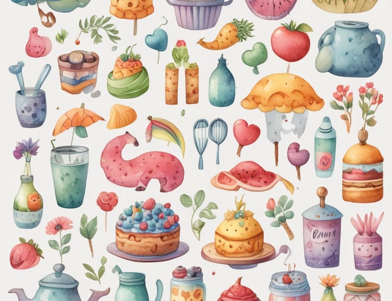 A collage composed of various vintage-style photographs and paintings, including portraits and a black-and-white image of women sitting on a ledge. There are art prints, ribbon, scissors, and decorative items like gold paper clips and pastel washi tape. The collection has a soft and artistic feel.