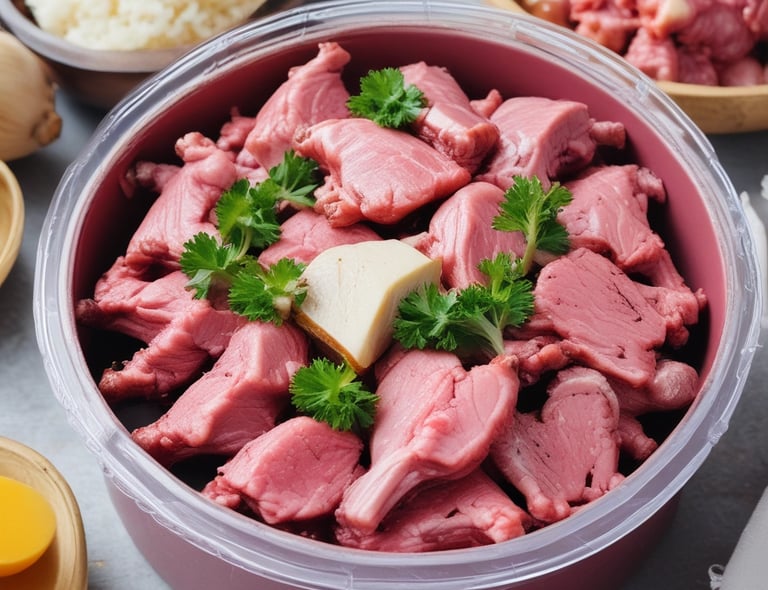 Various cuts of meat are displayed in a refrigerated section, including yearling minute steak and lamb roasts. The meat is placed on trays, with some pieces wrapped in plastic. Price tags are visible, indicating the cost per kilogram.