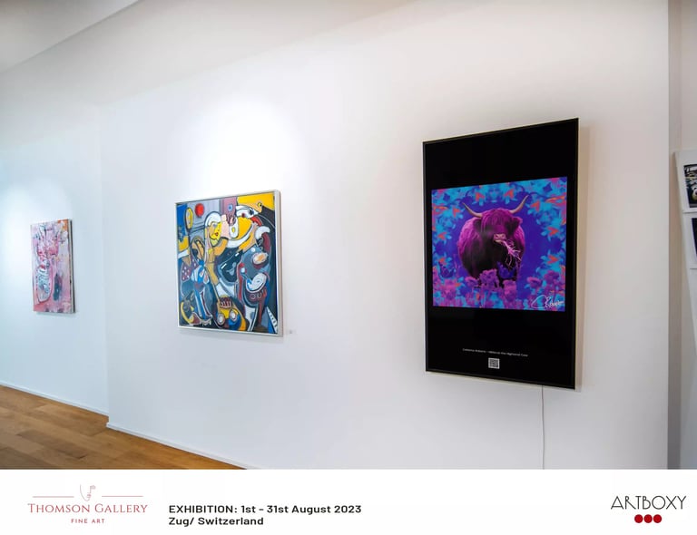 Image of a Pop Art Highland Cow appearing on a digital screen in an art gallery.