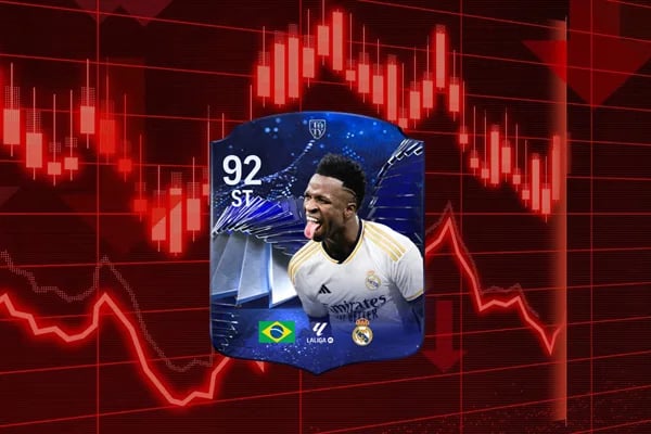 carta di vinicius su ea sports fc con sfondo mercato in rosso