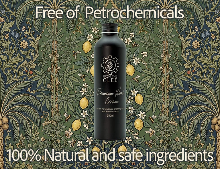 Matte black bottle of petrochemical-free From the Clee premium wood cream on a vintage floral background.