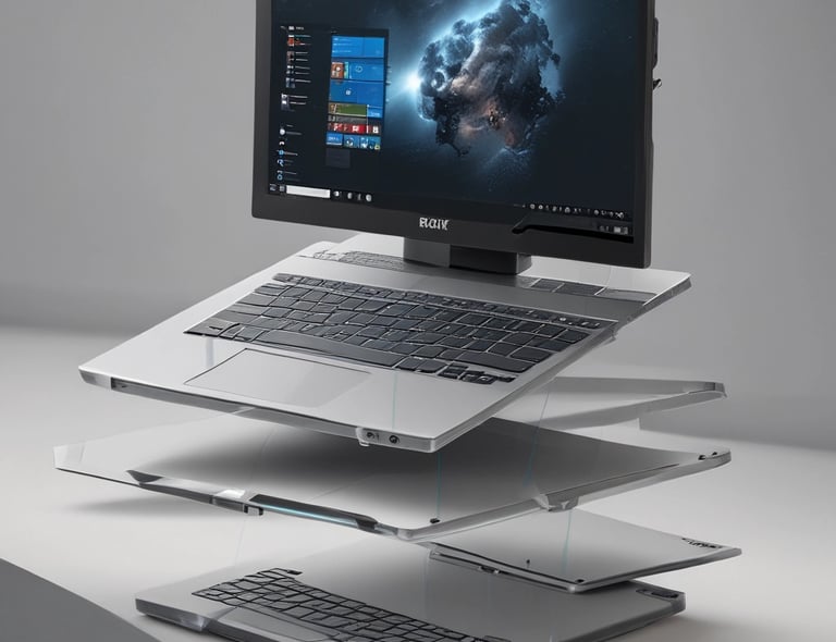 A laptop displaying a website with a search bar at the top and several categorized icons for different services. The laptop is positioned on a light-colored desk in an indoor setting, with the focus on the screen contents and some blurred background elements.