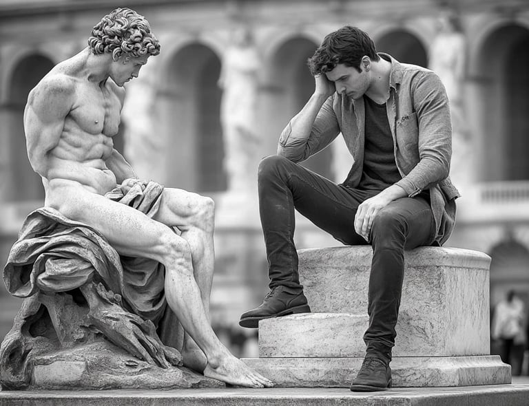 Homme pensif face à une statue antique, symbole de sagesse intemporelle.