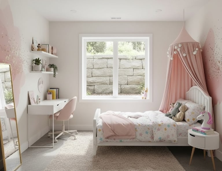 Image of a little girl's basement bedroom with an egress window