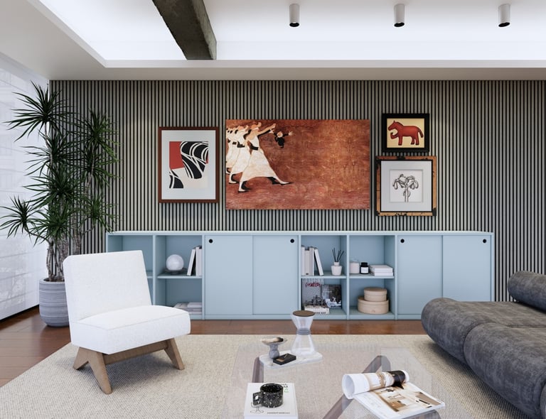 Acoustic slat wall panels installed in modern living room