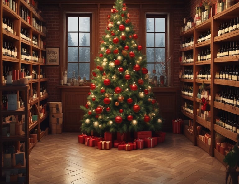 A well-stocked wine and spirits store with numerous bottles of wine displayed on wooden shelves. The shelves feature a range of wines from different regions and spirits in glass bottles, illuminated by soft lighting. Signs indicate different categories such as liqueurs, wines, and special beers.