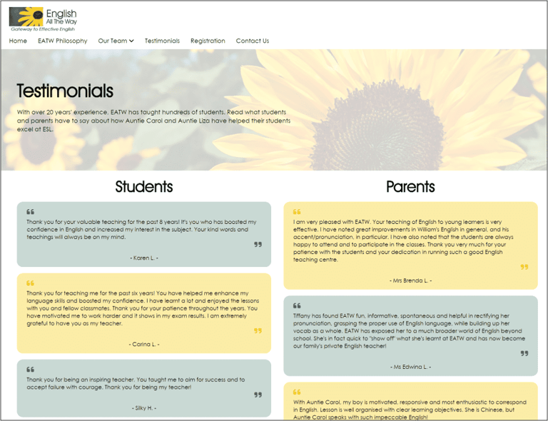 Screenshot of EATW Testimonials page
