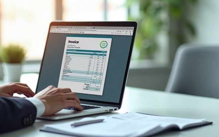 A person is typing on a laptop computer with an invoice on the screen.