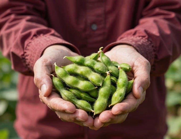 Vertical portrait of an agricultural inspector holding freshly harvested, vibrant green edamame pods in clean hands, soft Scandinavian daylight, high-contrast deep shadows, professional B2B agricultural setting.