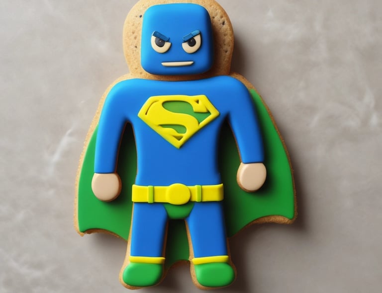 Close-up of a biscuit shaped like a superhero mask with vibrant icing colors.