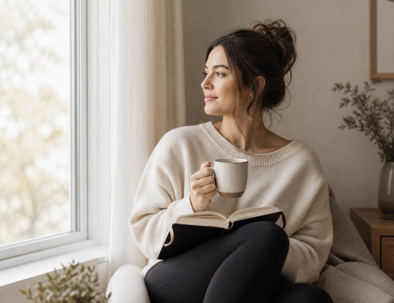 I need an image of woman sitting calmly with coffee or journal, soft natural light (window, morning 