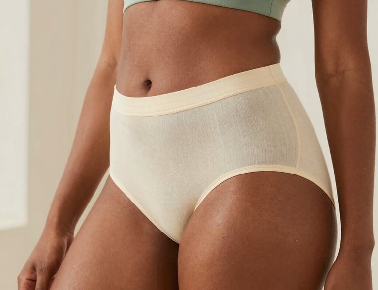 A cozy, modern flat lay of premium menstrual underwear in soft pastel colors, highlighting comfort and style.