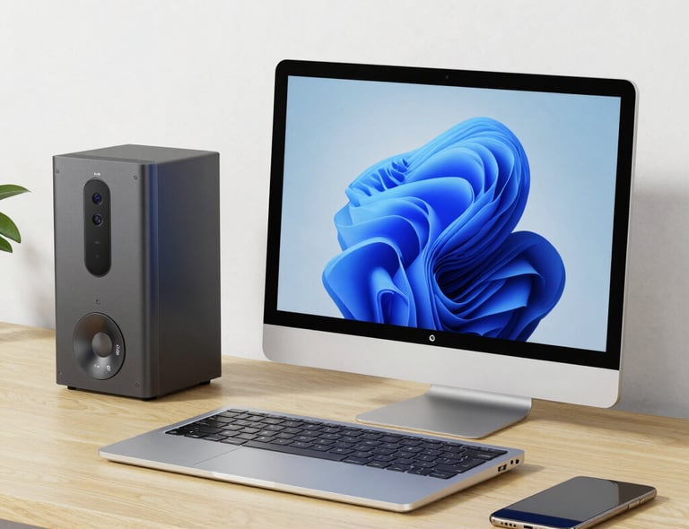 A sleek, modern laptop on a clean white desk with a dark blue accent background.