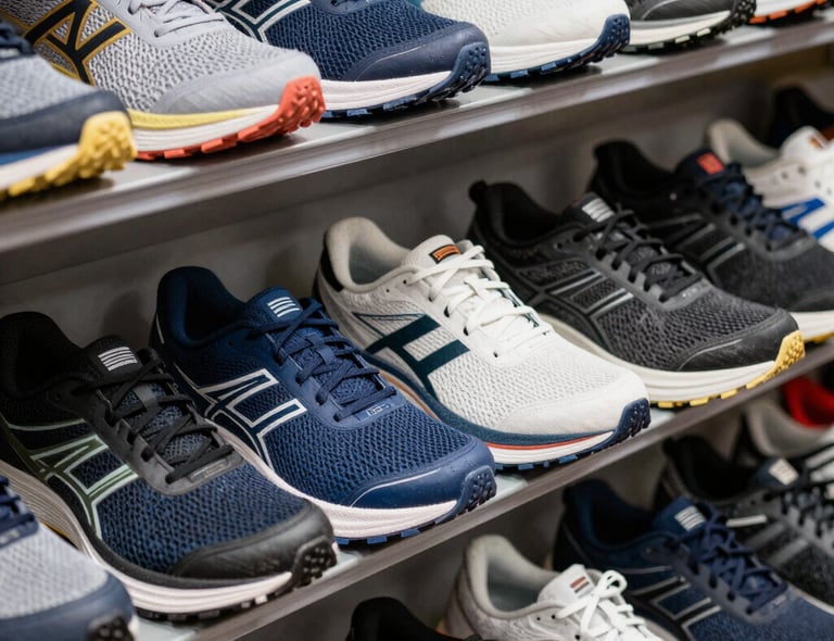 Close-up of a pair of vibrant running shoes on a trail path at sunrise.