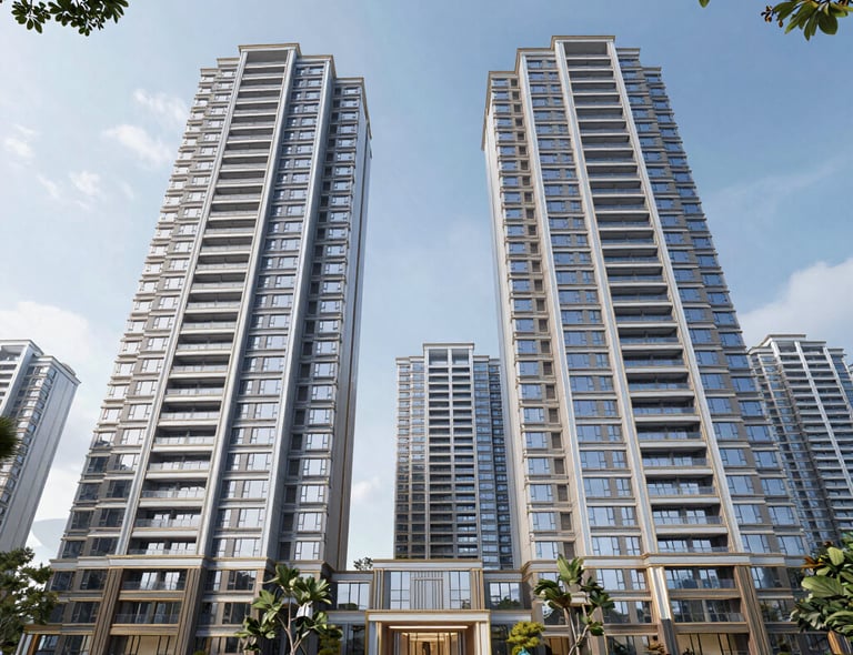 A modern apartment building with balconies and greenery around.