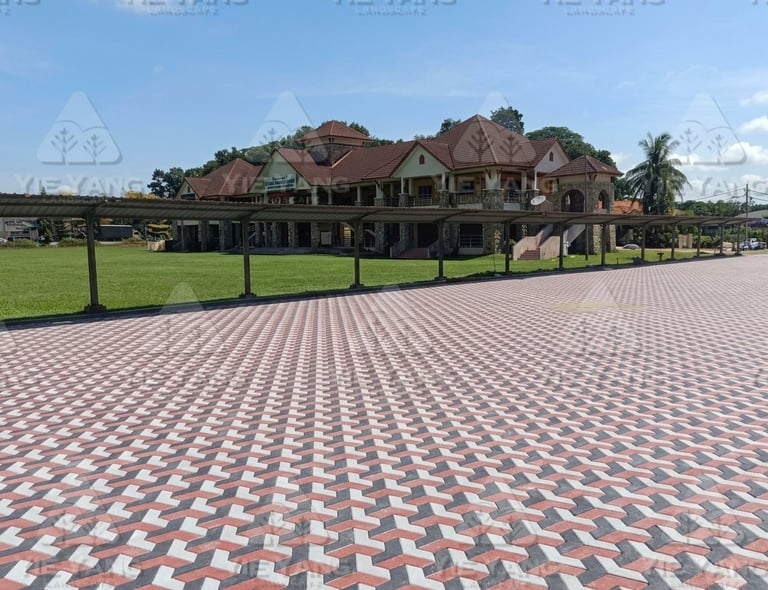 Commercial interlocking brick paving with turf lawn – Yie Yang Landscape