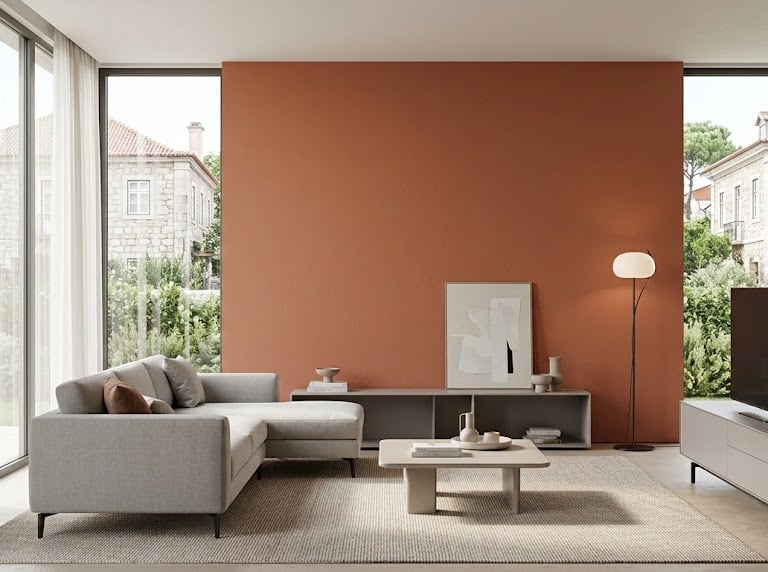 Modern living room with gray sectional sofa and plastered wall with minimalist furniture.
