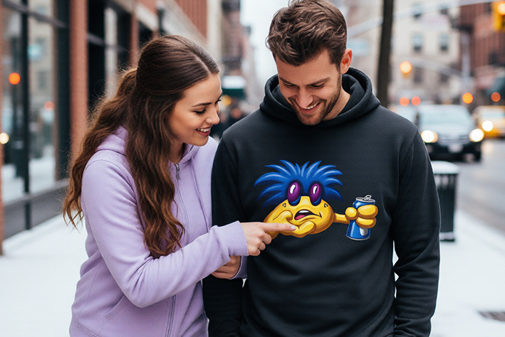 A woman pointing at a man's black heavy weight hoodie featuring BeerBelly holding a can of beer.