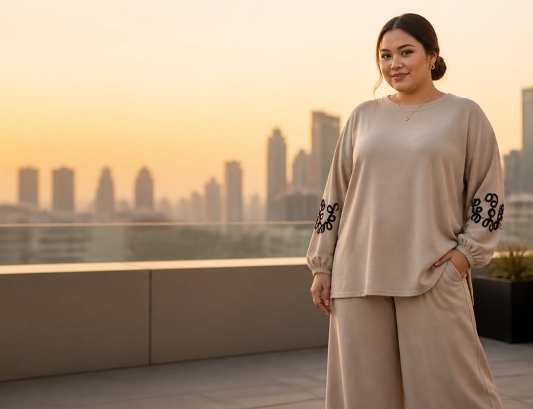 A plus-size woman in a beige loungewear set standing on a rooftop during a golden sunset city skyline view.