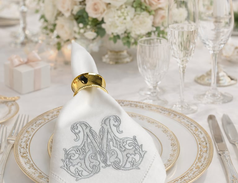 Elegant wedding table setting featuring a monogrammed napkin with gold ring and rose centerpiece.