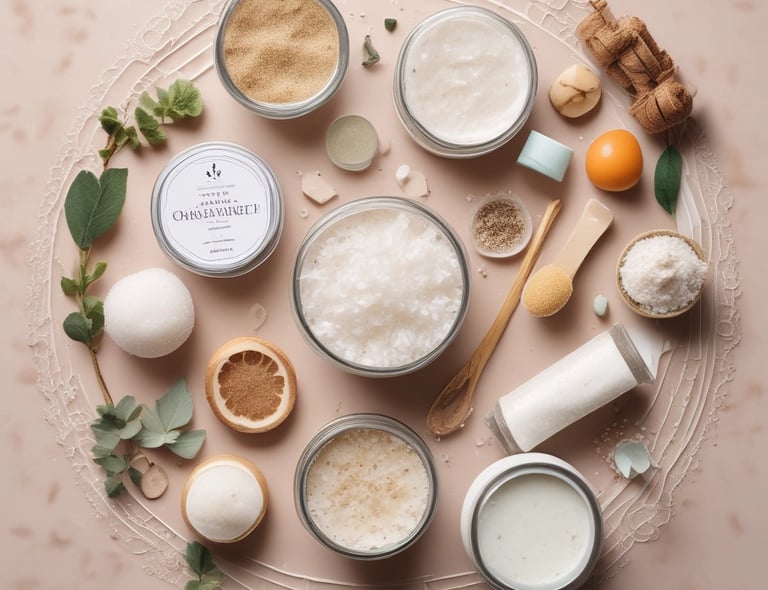 Close-up of natural ingredients like lavender and chamomile arranged on a wooden table.