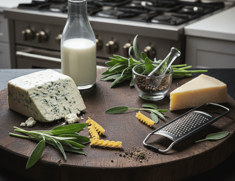 Gorgonzola and parmesan cheese with fresh sage, pasta, and cream on a rustic kitchen cutting board.