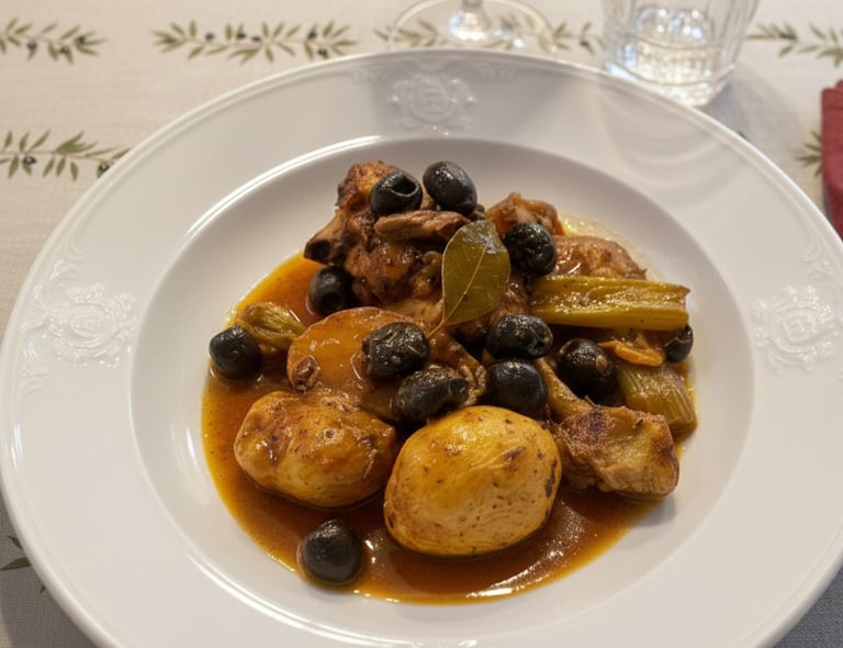Braised chicken stew with roasted potatoes, black olives, and celery in a savory sauce.