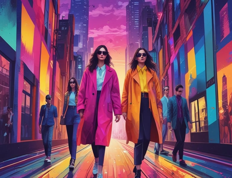 A vibrant urban streetwear outfit displayed on a mannequin with bold colors and modern accessories.