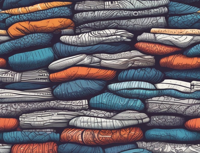 A vibrant display of folded t-shirts featuring Pacific Northwest inspired designs on a rustic wooden table.