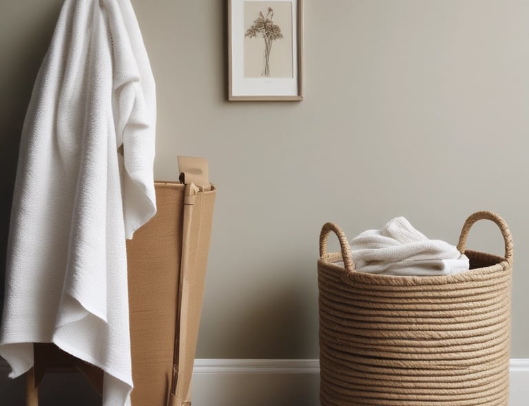 Handwoven jute basket filled with cozy blankets in a warm living room setting