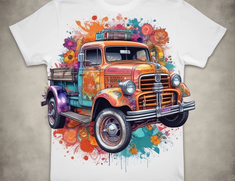 A vibrant custom-printed t-shirt showcasing a colorful design.