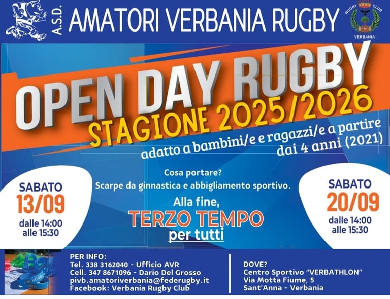 Volantino Open Day ragazzi Amatori Verbania Rugby. Vieni a provare il rugby anche tu.
