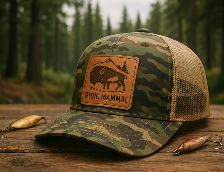 Custom leather patch trucker hat by Village Customs featuring laser-engraved 
