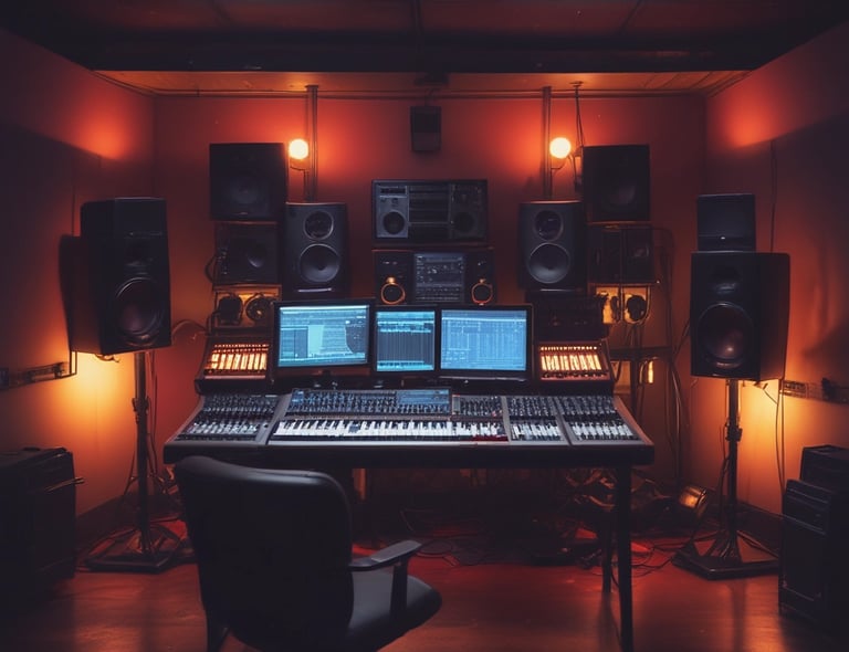 A vibrant studio setup with musical instruments.