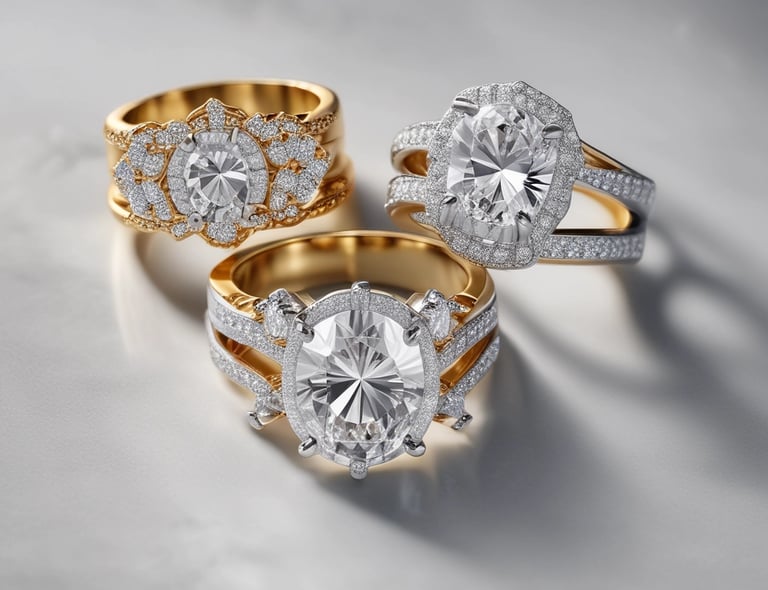 Elegant jewelry pieces featuring intricate designs with pearls and gold accents are displayed against a soft, textured background. The jewelry includes earrings that combine black stones and clusters of pearls with shiny embellishments.